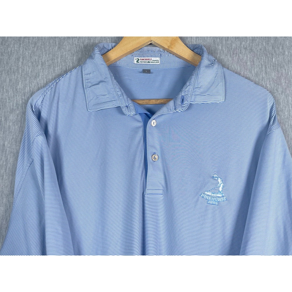Peter Millar Pinehurst No 2 Mens Large Blue Striped Performance Golf Polo Shirt